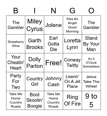 Country Music Bingo Card