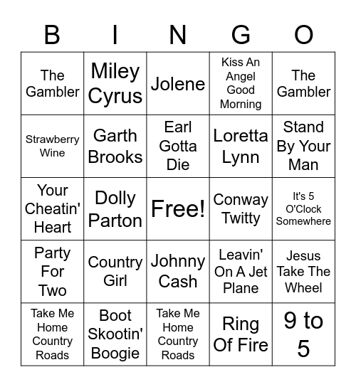 country-music-bingo-card