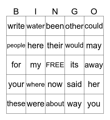 Sight Words Bingo Card