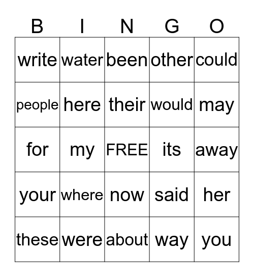 Sight Words Bingo Card