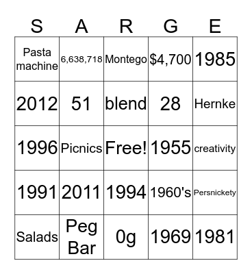 S A R G E Bingo Card