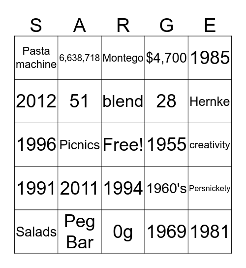 S A R G E Bingo Card