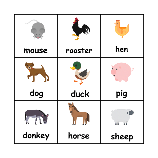 Farm Animals Bingo Card