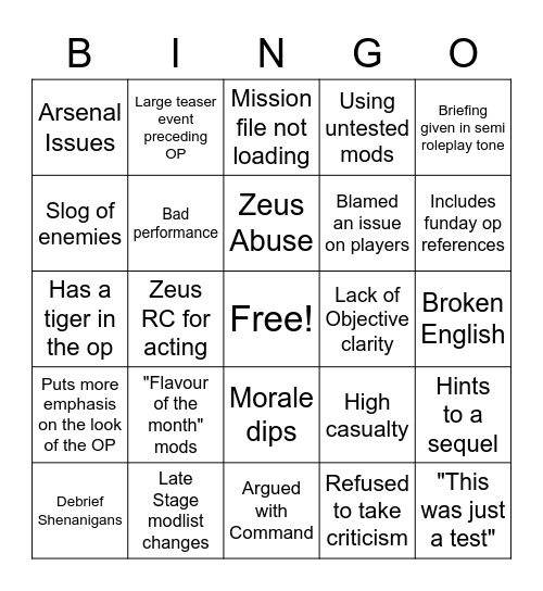 SaberTooth Operation Bingo Card