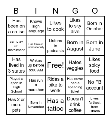 Coworker Team Building Bingo Card