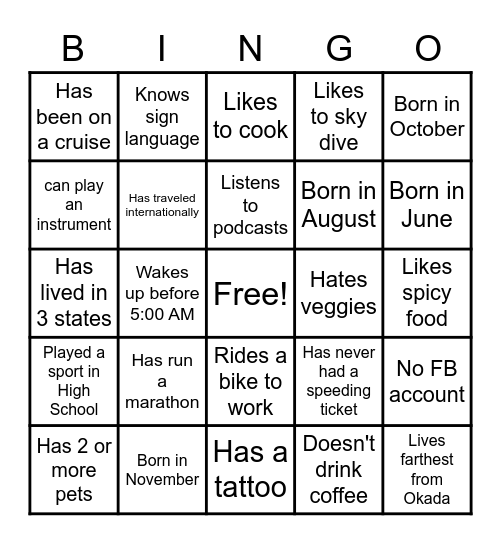 Coworker Team Building Bingo Card