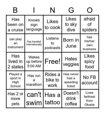 Coworker Team Building Bingo Card