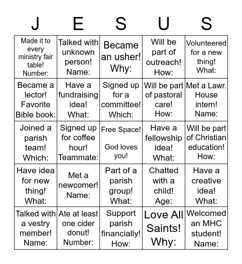 Ministry Fair Bingo                                                       (Your Name:________________) Bingo Card