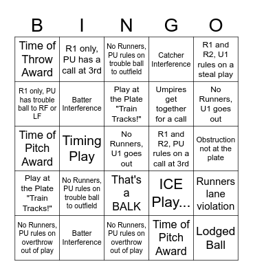 Baseball Game Bingo Card