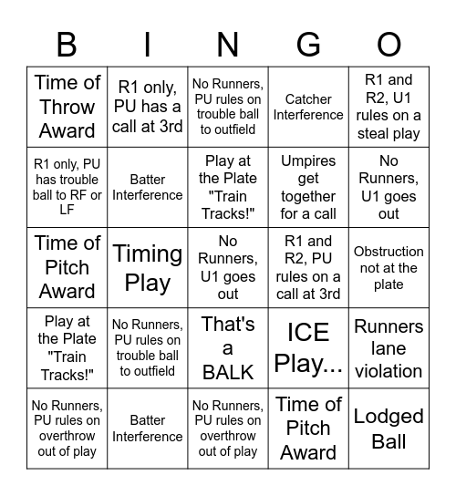 Baseball Game Bingo Card
