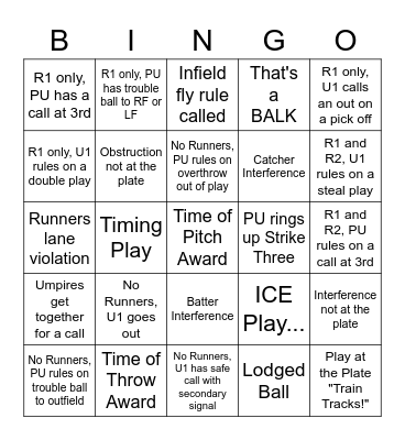 WWUA Baseball Game Bingo Card