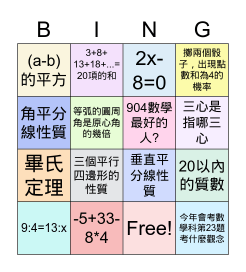 904線上數學課 May 28, 2021 Bingo Card