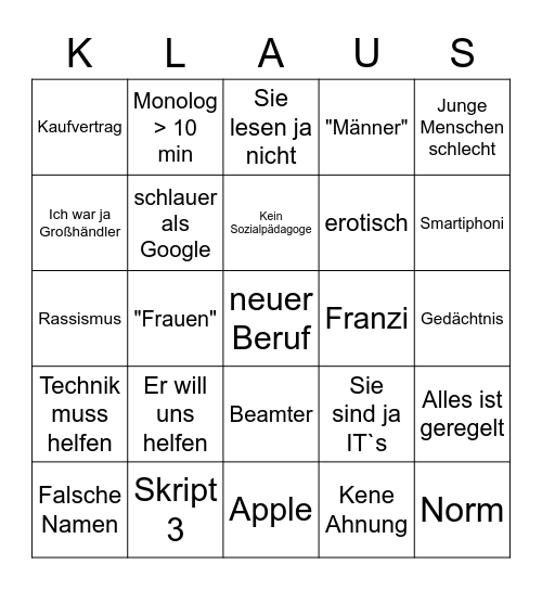 Klausi Bingo Card