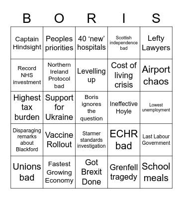 PMQs Bingo Card