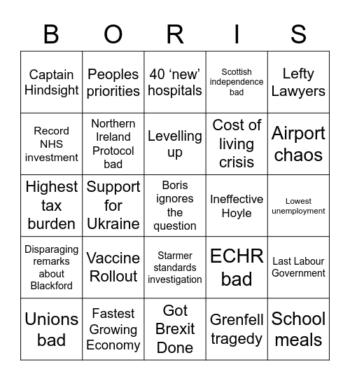 PMQs Bingo Card