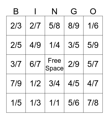 Fraction Bingo Card