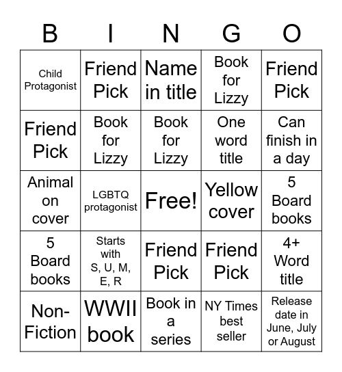 Summer Reading Challenge Bingo Card