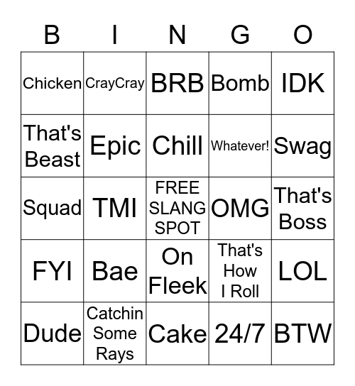 SLANGO Bingo Card