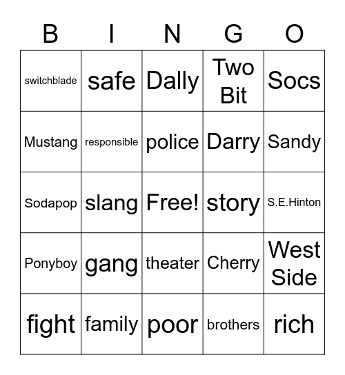 The Outsiders Bingo Card
