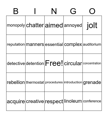 Frindle Vocabulary Bingo Card