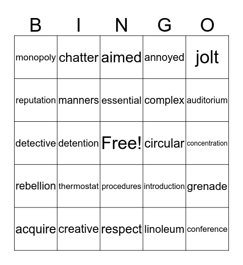 Frindle Vocabulary Bingo Card