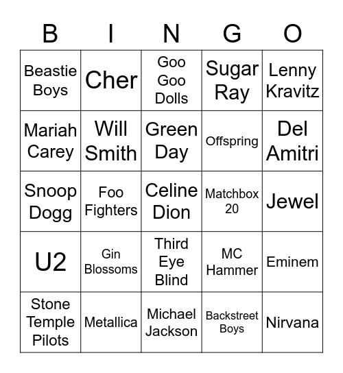 90s on 9 Bingo Card