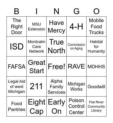 Community Resources Bingo Card