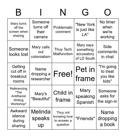 TCWP Bingo Card