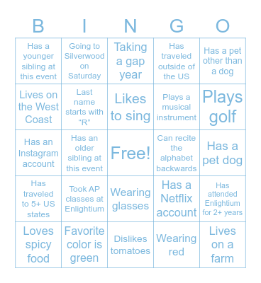 Enlightium Bingo: Find someone who… Bingo Card
