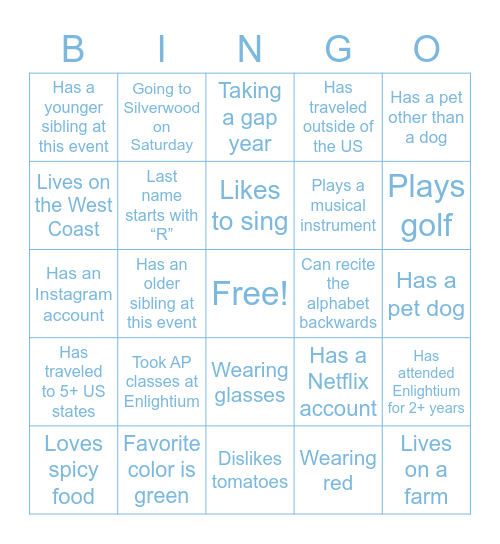 Enlightium Bingo: Find someone who… Bingo Card