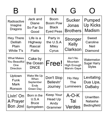 Road Trip Songs Bingo Card