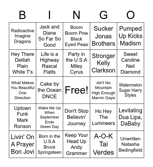 Road Trip Songs Bingo Card