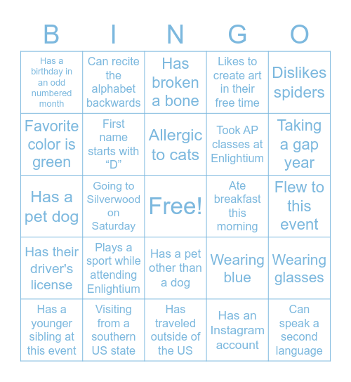 Enlightium Bingo: Find someone who… Bingo Card