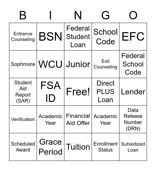 Financial Aid Bingo Card