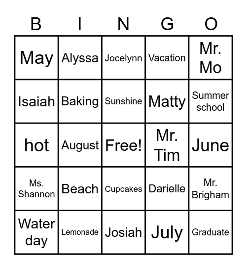 ESY Bingo Card