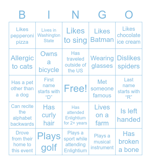 Enlightium Bingo: Find someone who… Bingo Card