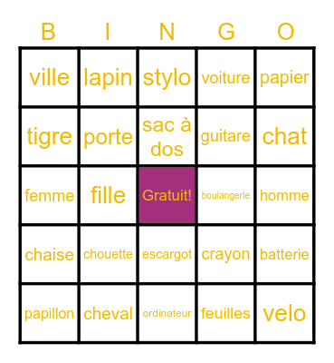 French Noun Bingo Card