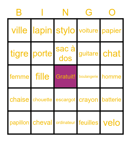 French Noun Bingo Card