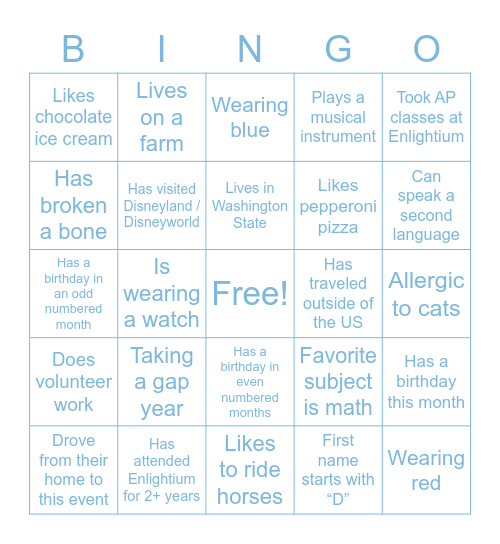 Enlightium Bingo: Find someone who… Bingo Card