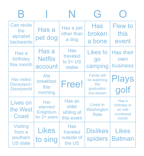 Enlightium Bingo: Find someone who… Bingo Card