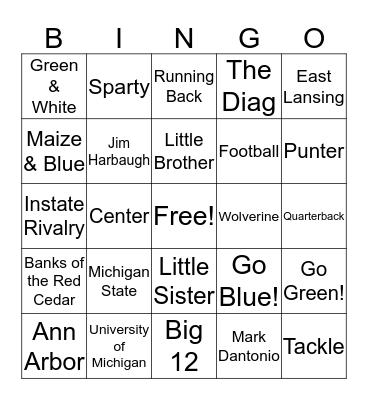 College Football Bingo Card
