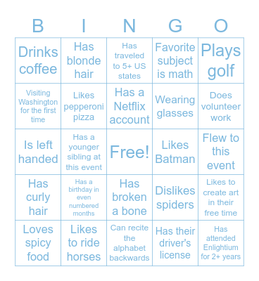 Enlightium Bingo: Find someone who… Bingo Card