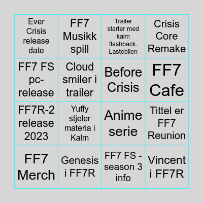 FF7 25TH Prediction Bingo Card