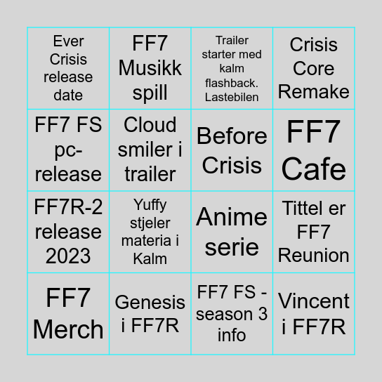 FF7 25TH Prediction Bingo Card