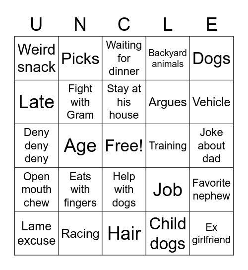 UNCLE Bingo Card