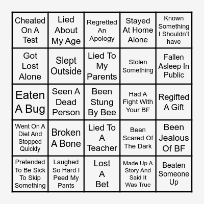 Never Have I Ever Bingo Card