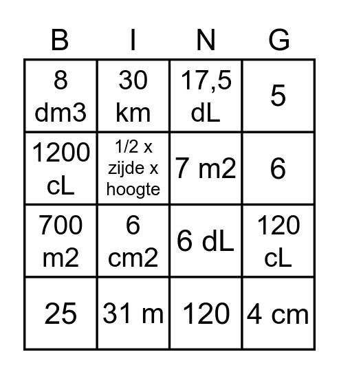 Wiskunde bingo Card