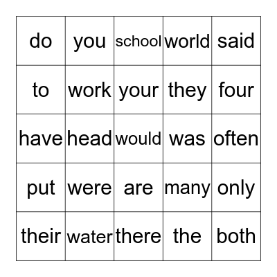 Irregular Sight Word Bingo Card
