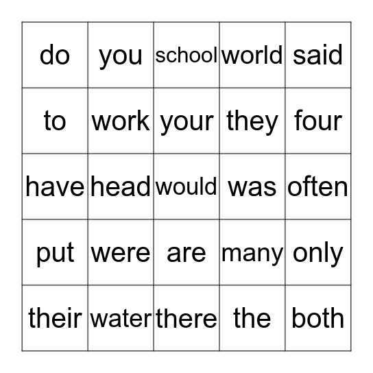 Irregular Sight Word Bingo Card