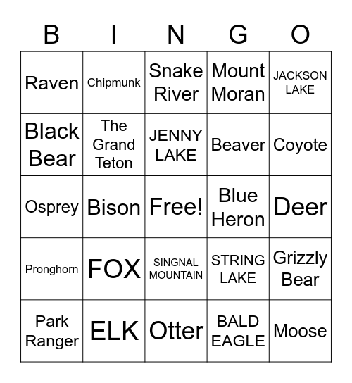 Grand Teton Bingo Card